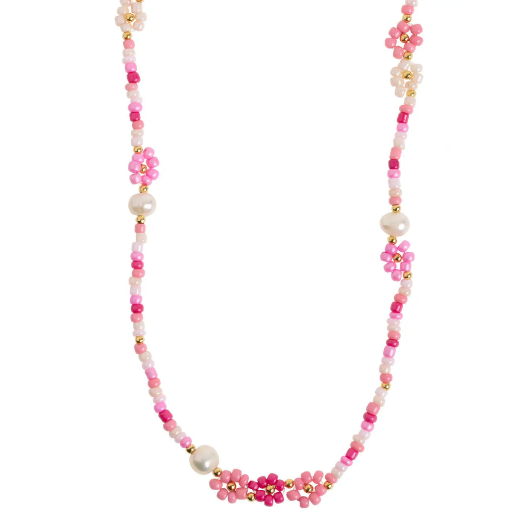 Elsa - Colorful Beads Flower and Pearl Pink Necklace