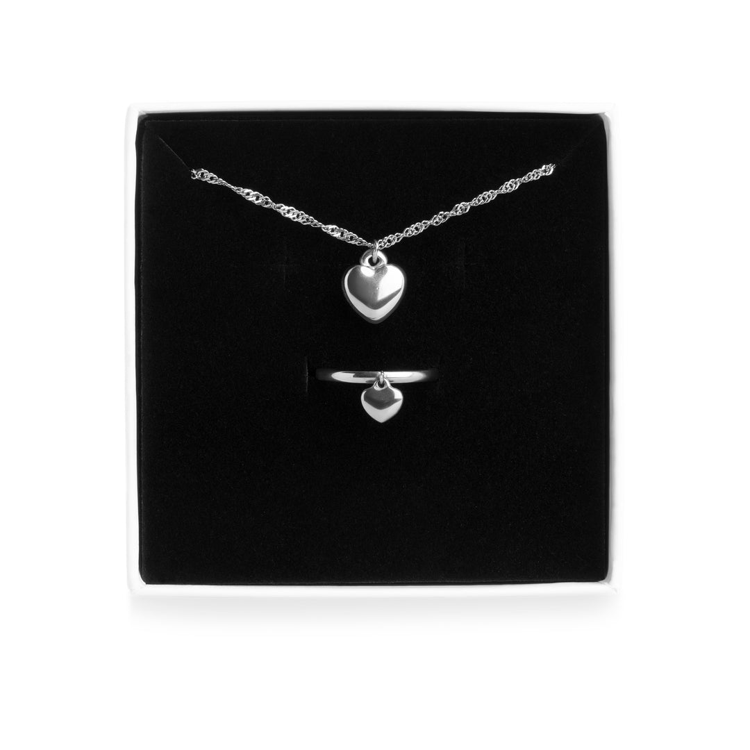 Heart Necklace & Ring Set Stainless Steel
