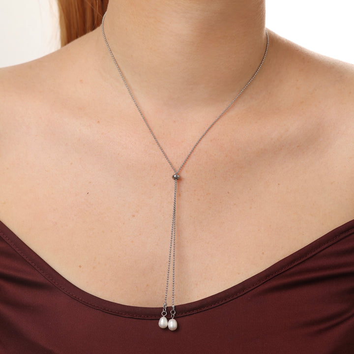 Barbro - Lariat Pearl Necklace Stainless Steel