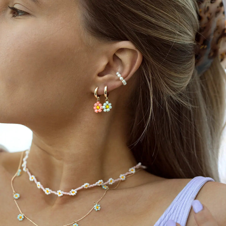 Peach Flower Bead Hoop Earring