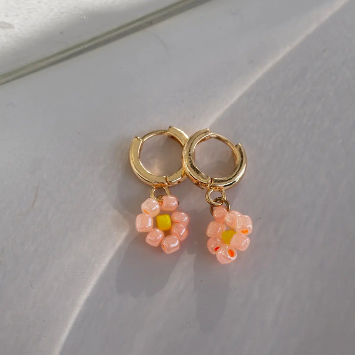 Peach Flower Bead Hoop Earring