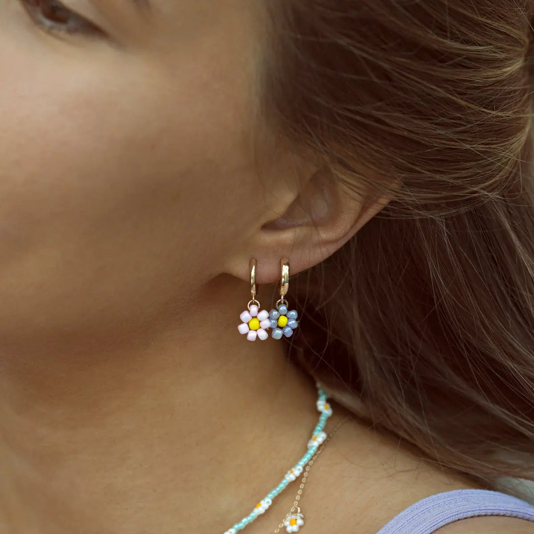 Pink Flower Bead Hoop Earring